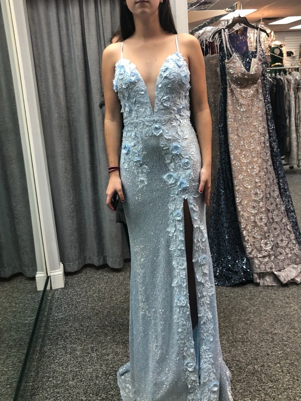Jovani Light Blue Floral Appliqué Spaghetti-Strap Prom Gown - Picture 6 of 7